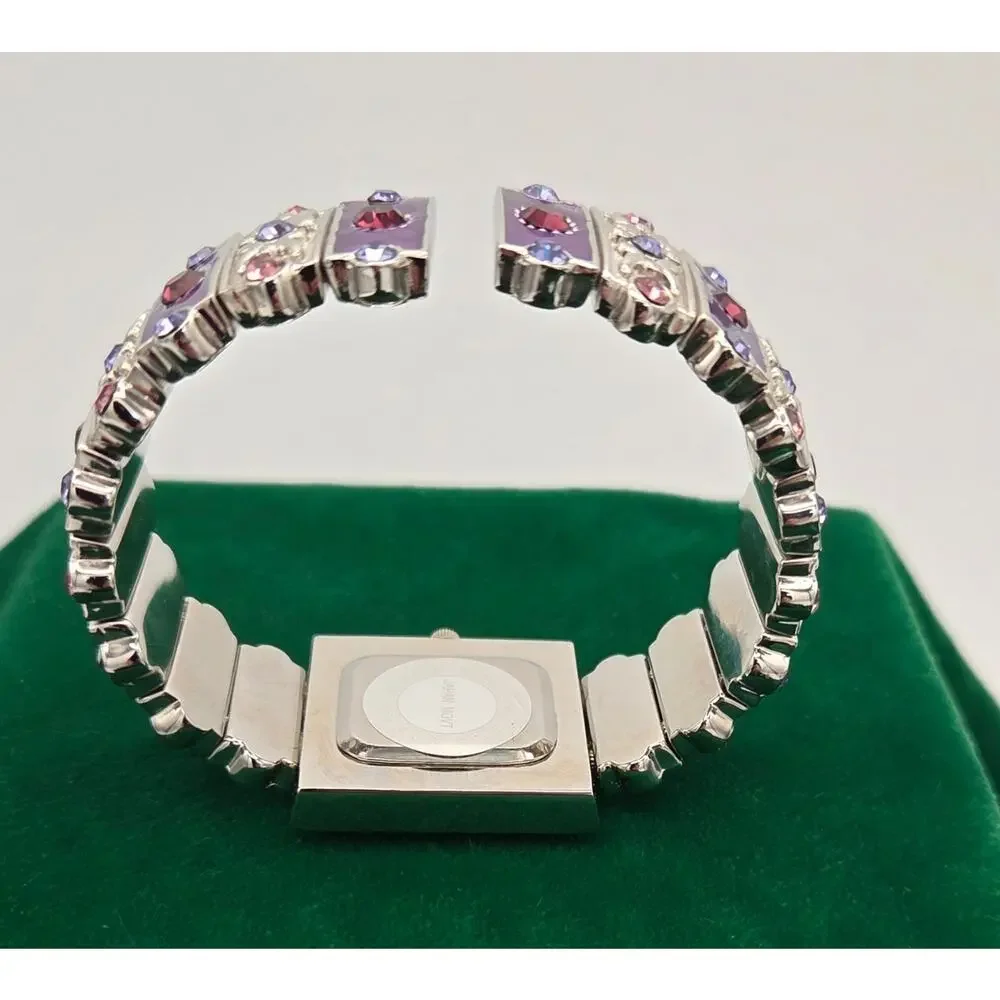 Vintage Geneva Rhinestone Watch Purple Enamel Silver Stretch Cuff WORKING